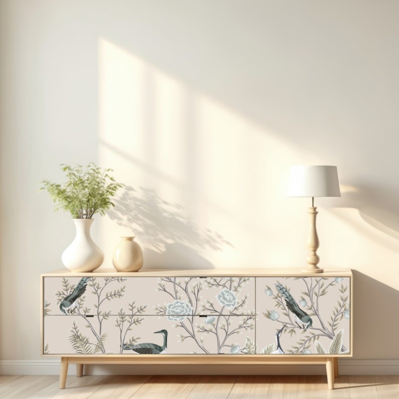 Repositionierbarer Aufkleber elegante vögel und blühende zweige – Wallnifity® Repositionierbarer Aufkleber elegante vögel und blühende zweige – Wallnifity®