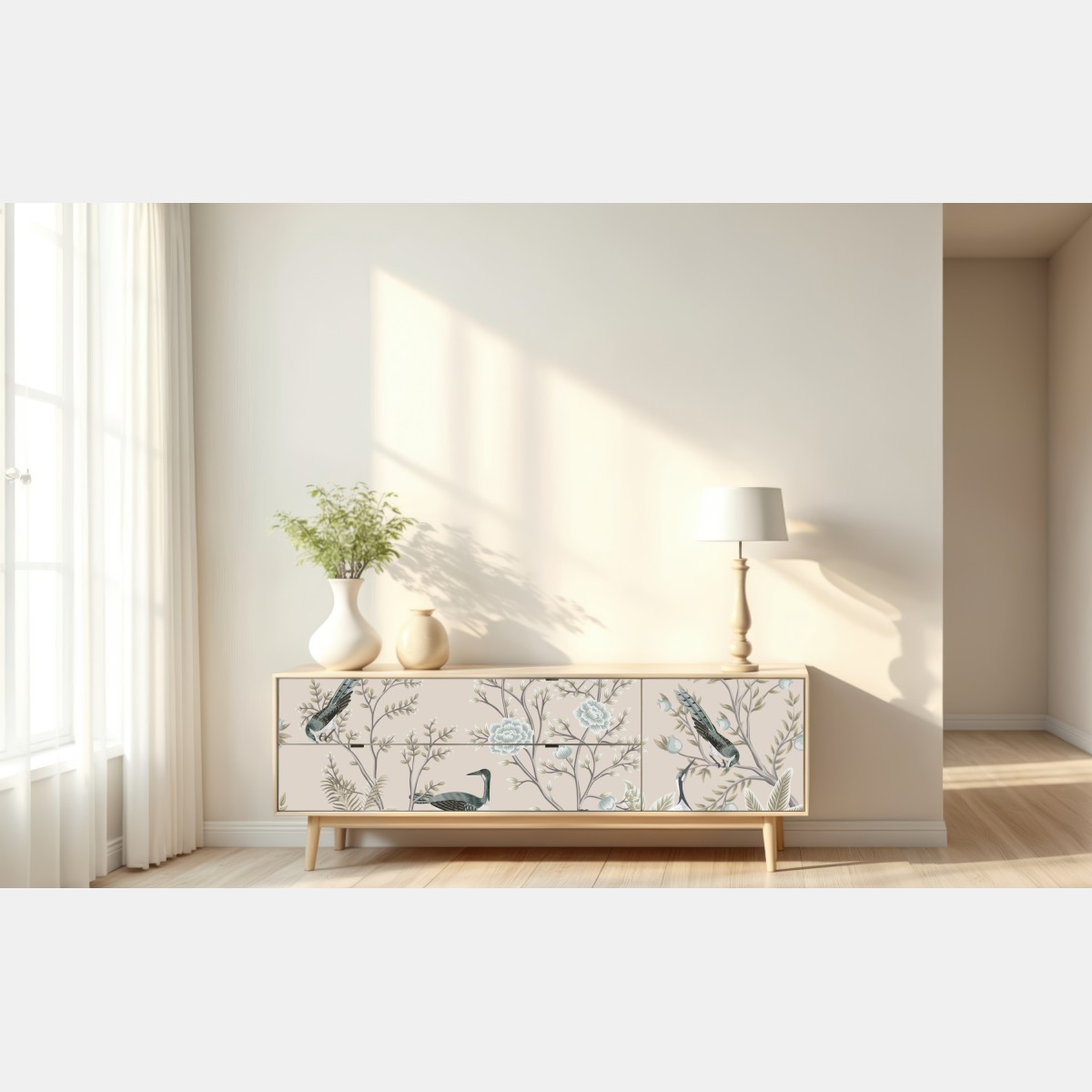 Repositionierbarer Aufkleber elegante vögel und blühende zweige – Wallnifity® Repositionierbarer Aufkleber elegante vögel und blühende zweige – Wallnifity®