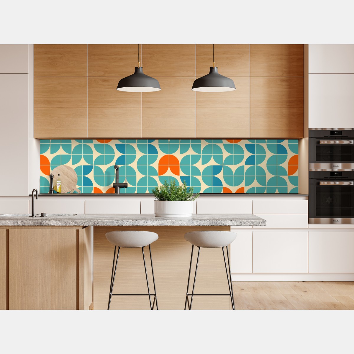 Repositionierbarer Aufkleber retro geometrisches fliesenmuster in türkis und orange – Wallnifity® Repositionierbarer Aufkleber retro geometrisches fliesenmuster in türkis und orange – Wallnifity®