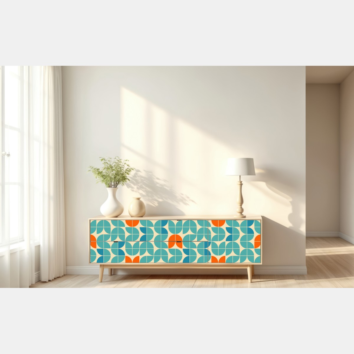 Repositionierbarer Aufkleber retro geometrisches fliesenmuster in türkis und orange – Wallnifity® Repositionierbarer Aufkleber retro geometrisches fliesenmuster in türkis und orange – Wallnifity®