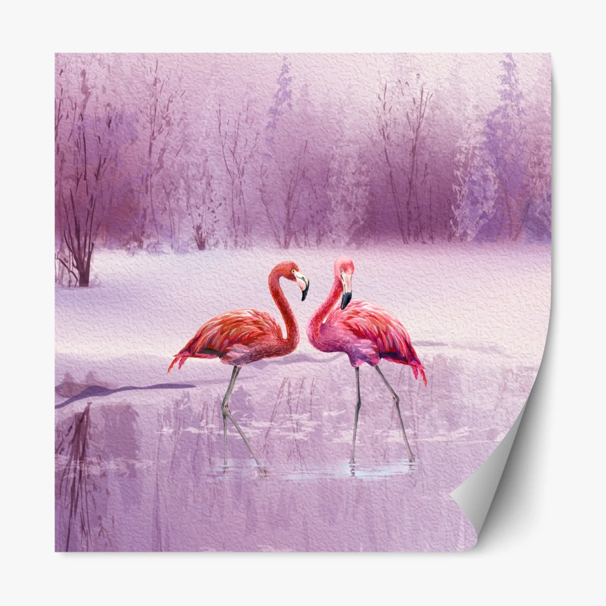 Repositionierbarer Aufkleber pastell flamingos über winterlichem see – Wallnifity® Repositionierbarer Aufkleber pastell flamingos über winterlichem see – Wallnifity®