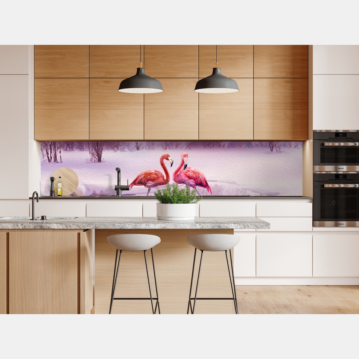 Repositionierbarer Aufkleber pastell flamingos über winterlichem see – Wallnifity® Repositionierbarer Aufkleber pastell flamingos über winterlichem see – Wallnifity®