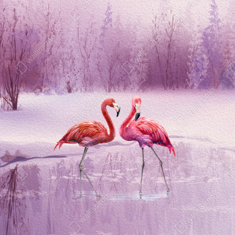 Repositionierbarer Aufkleber pastell flamingos über winterlichem see – Wallnifity® Repositionierbarer Aufkleber pastell flamingos über winterlichem see – Wallnifity®