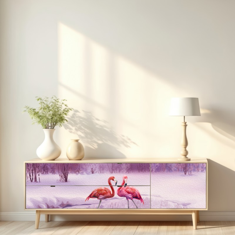 Repositionierbarer Aufkleber pastell flamingos über winterlichem see – Wallnifity® Repositionierbarer Aufkleber pastell flamingos über winterlichem see – Wallnifity®