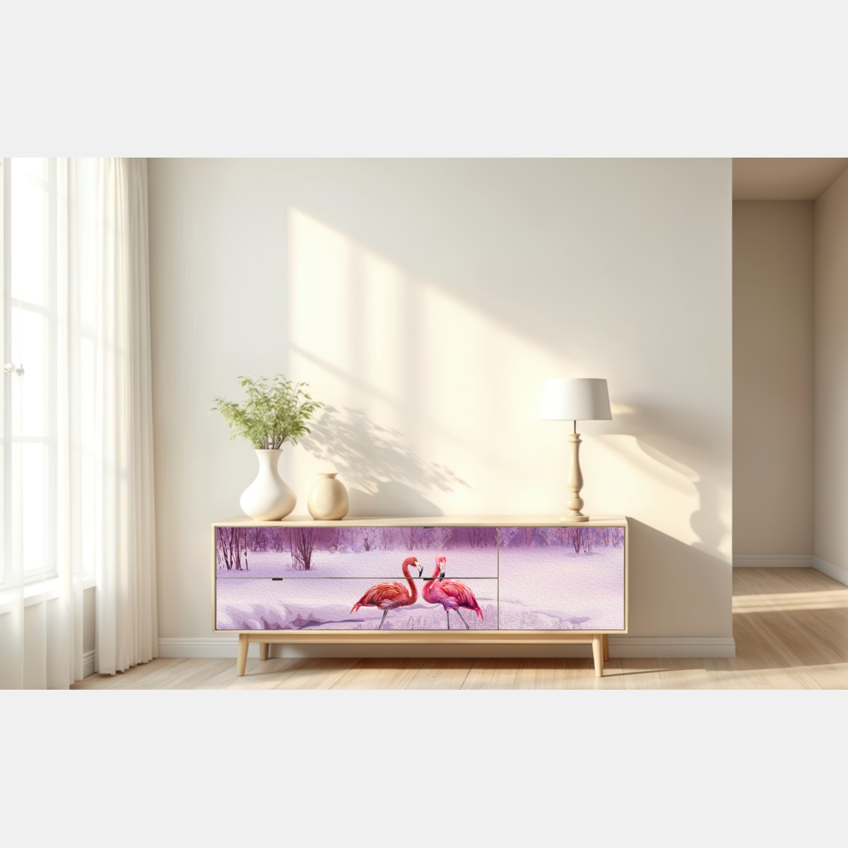 Repositionierbarer Aufkleber pastell flamingos über winterlichem see – Wallnifity® Repositionierbarer Aufkleber pastell flamingos über winterlichem see – Wallnifity®