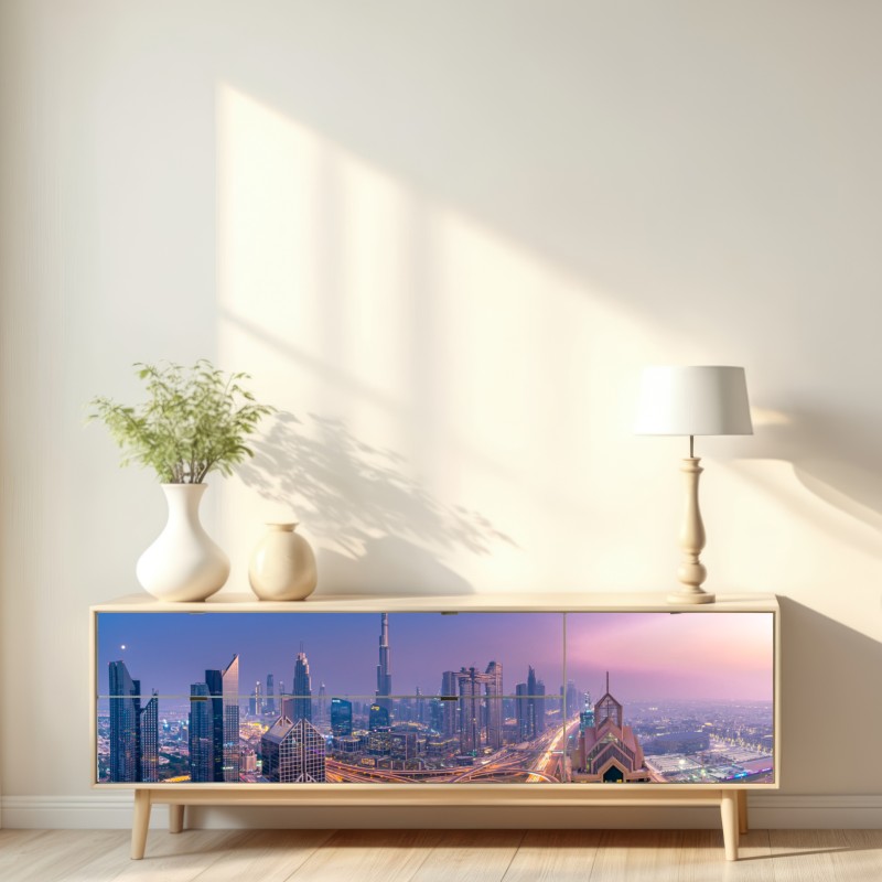 Repositionierbarer Aufkleber panoramablick auf Dubai bei dämmerung – Wallnifity® Repositionierbarer Aufkleber panoramablick auf Dubai bei dämmerung – Wallnifity®