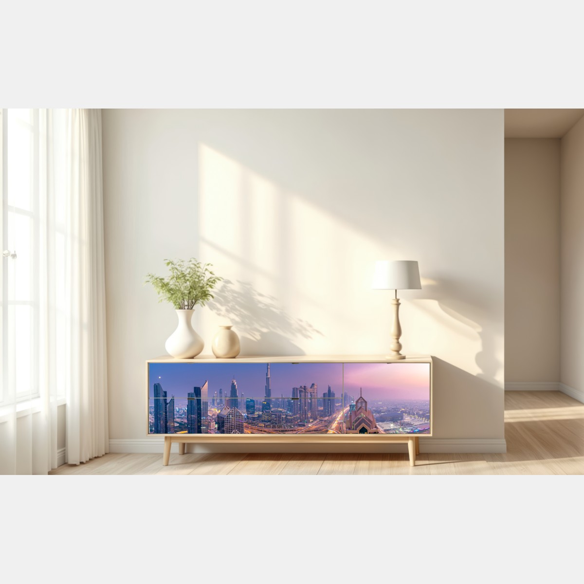 Repositionierbarer Aufkleber panoramablick auf Dubai bei dämmerung – Wallnifity® Repositionierbarer Aufkleber panoramablick auf Dubai bei dämmerung – Wallnifity®