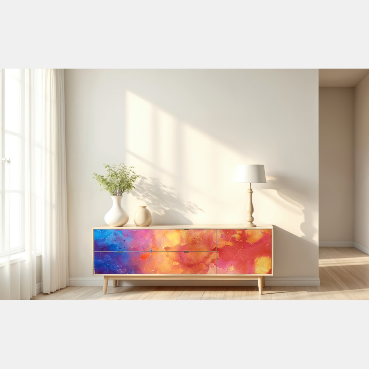 Repositionierbarer Aufkleber lebhafte aquarell-abstraktion in warmen tönen – Wallnifity® Repositionierbarer Aufkleber lebhafte aquarell-abstraktion in warmen tönen – Wallnifity®