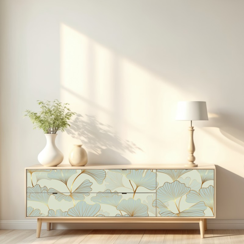 Repositionierbarer Aufkleber pastell ginkgo blättermuster mit goldakzenten – Wallnifity® Repositionierbarer Aufkleber pastell ginkgo blättermuster mit goldakzenten – Wallnifity®