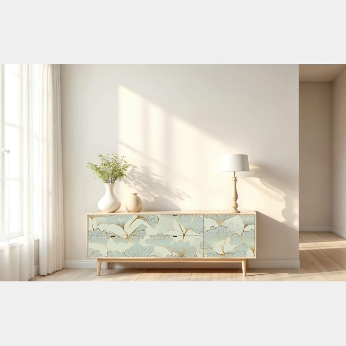 Repositionierbarer Aufkleber pastell ginkgo blättermuster mit goldakzenten – Wallnifity® Repositionierbarer Aufkleber pastell ginkgo blättermuster mit goldakzenten – Wallnifity®