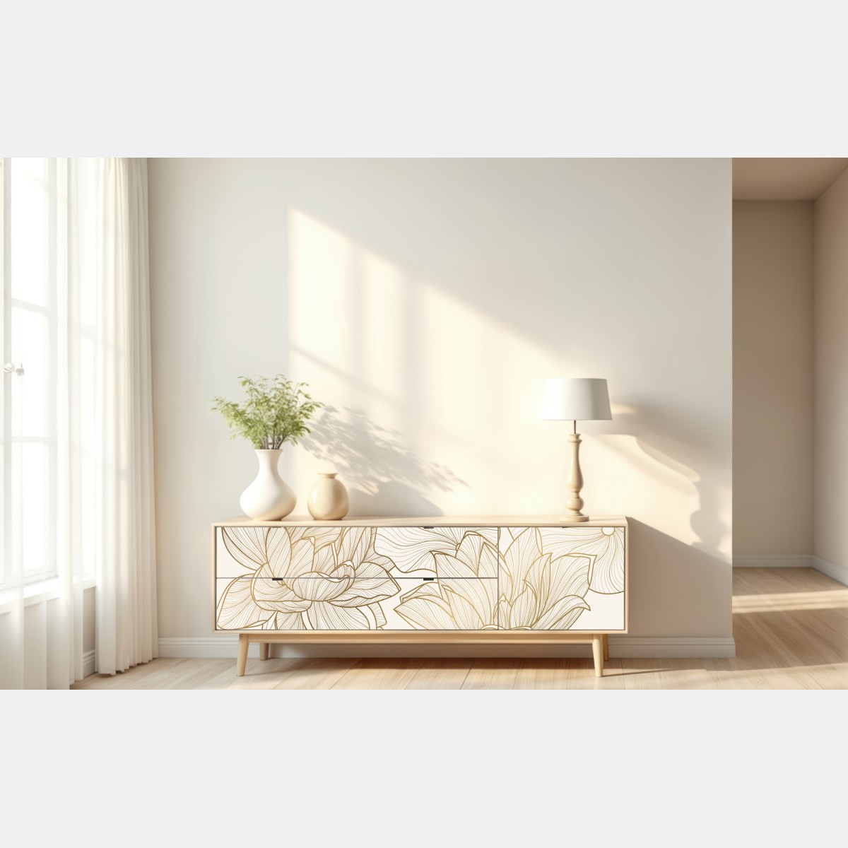 Repositionierbarer Aufkleber elegante goldene linien blumenillustration – Wallnifity® Repositionierbarer Aufkleber elegante goldene linien blumenillustration – Wallnifity®