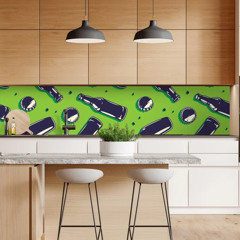 Repositionierbarer Aufkleber grünes pop-art-muster mit bierflaschen und kronkorken – Wallnifity® Repositionierbarer Aufkleber grünes pop-art-muster mit bierflaschen und kronkorken – Wallnifity®
