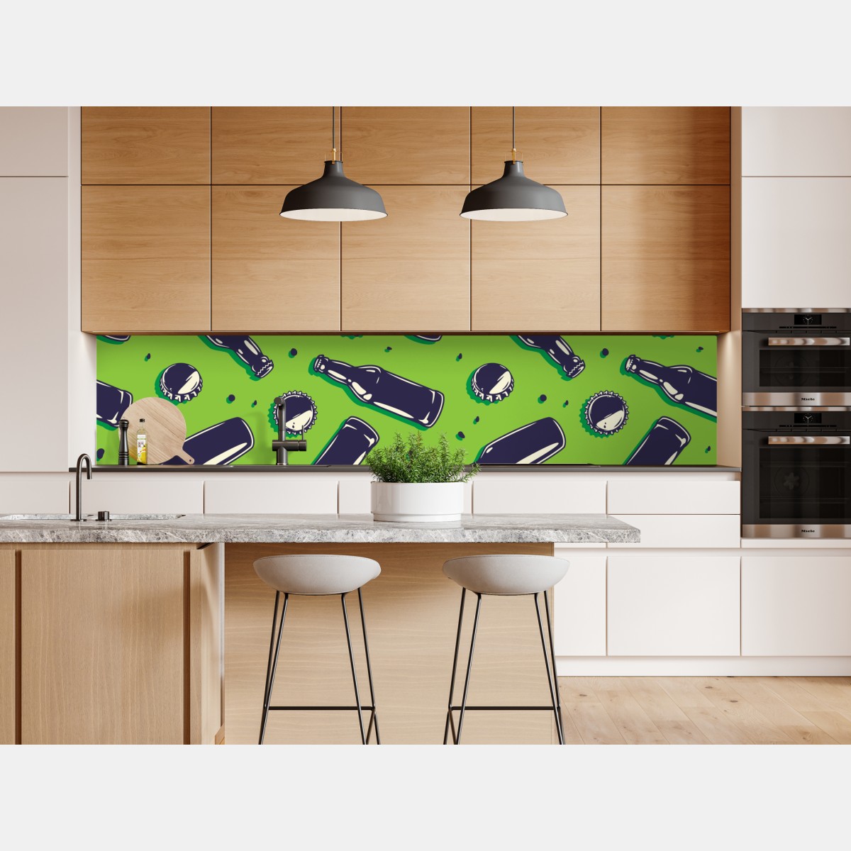 Repositionierbarer Aufkleber grünes pop-art-muster mit bierflaschen und kronkorken – Wallnifity® Repositionierbarer Aufkleber grünes pop-art-muster mit bierflaschen und kronkorken – Wallnifity®