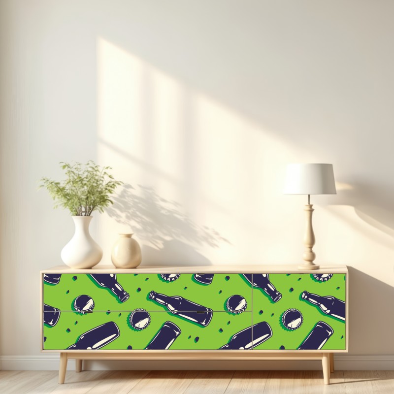 Repositionierbarer Aufkleber grünes pop-art-muster mit bierflaschen und kronkorken – Wallnifity® Repositionierbarer Aufkleber grünes pop-art-muster mit bierflaschen und kronkorken – Wallnifity®