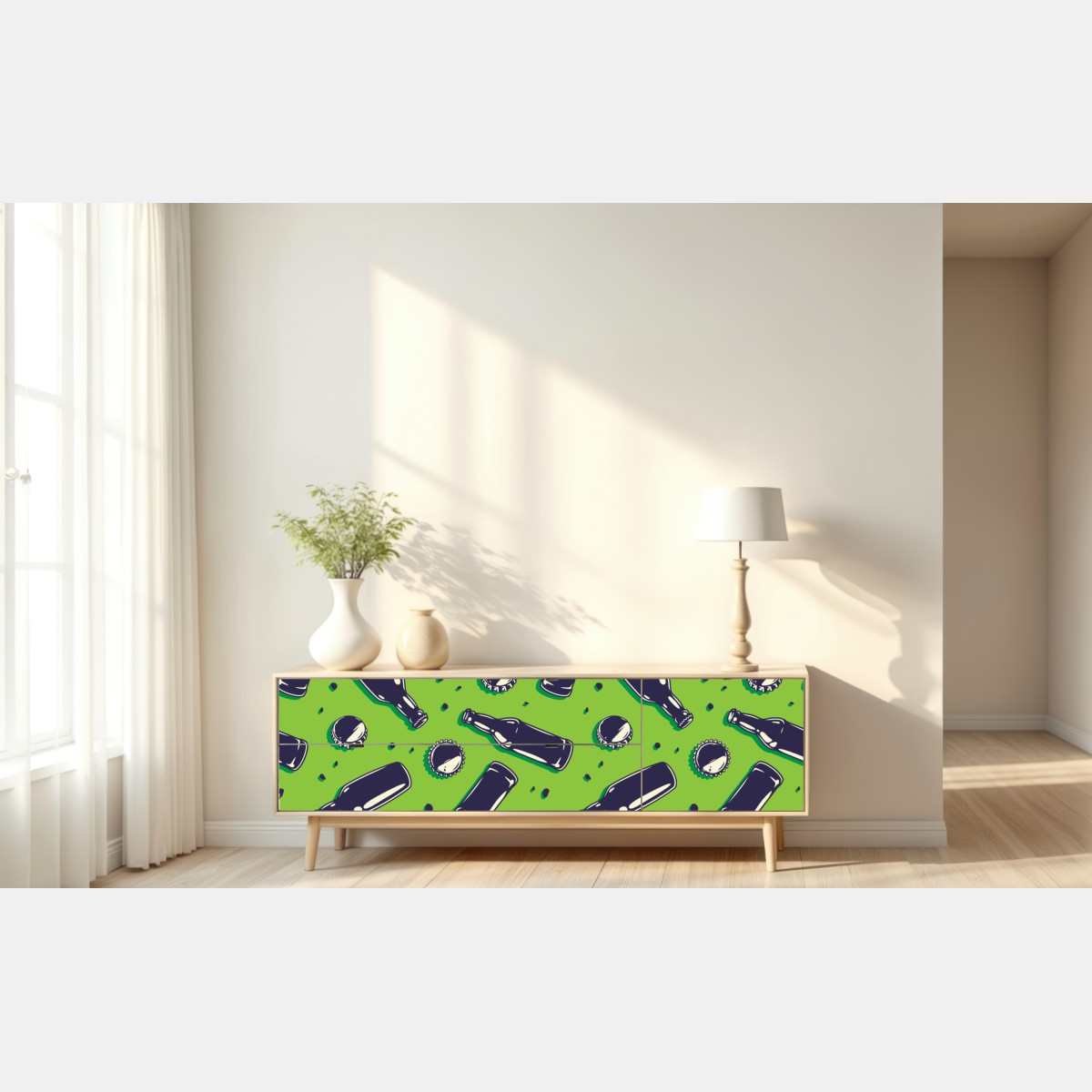 Repositionierbarer Aufkleber grünes pop-art-muster mit bierflaschen und kronkorken – Wallnifity® Repositionierbarer Aufkleber grünes pop-art-muster mit bierflaschen und kronkorken – Wallnifity®