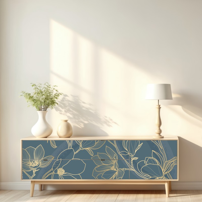 Repositionierbarer Aufkleber goldene magnolie auf türkisfarbenem hintergrund – Wallnifity® Repositionierbarer Aufkleber goldene magnolie auf türkisfarbenem hintergrund – Wallnifity®