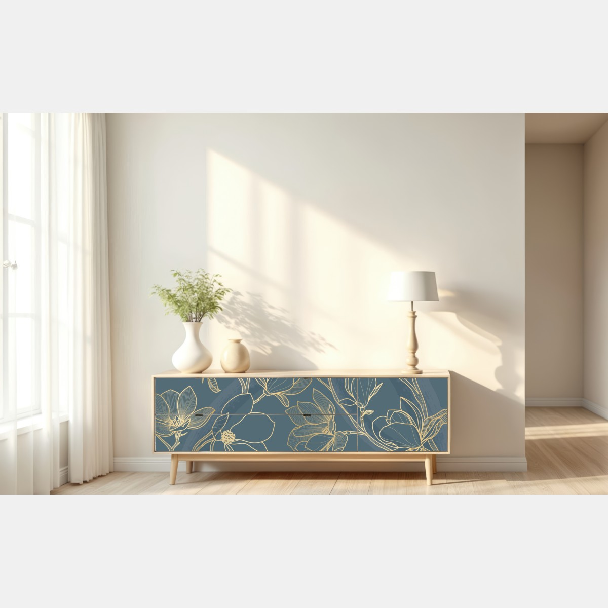 Repositionierbarer Aufkleber goldene magnolie auf türkisfarbenem hintergrund – Wallnifity® Repositionierbarer Aufkleber goldene magnolie auf türkisfarbenem hintergrund – Wallnifity®