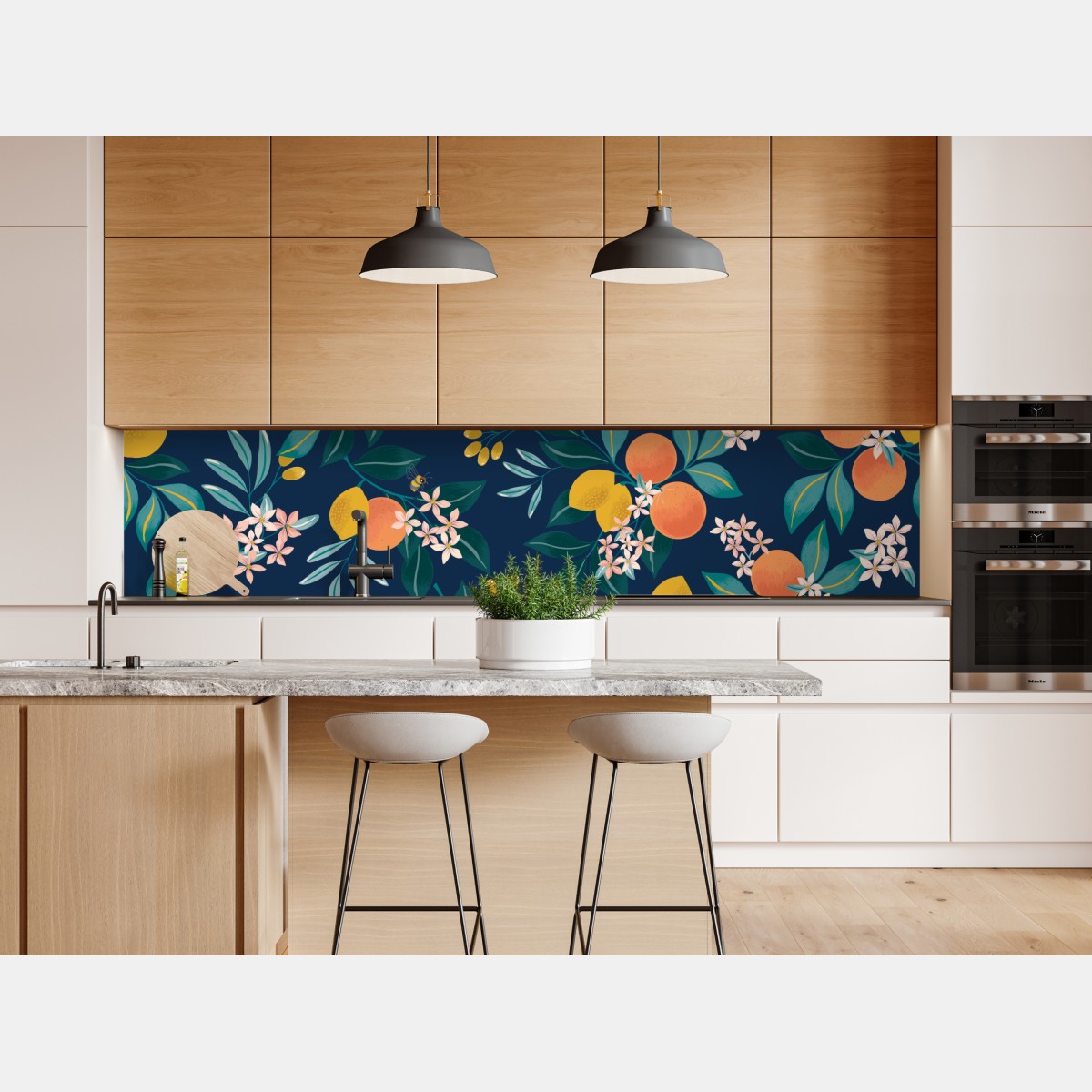 Repositionierbarer Aufkleber botanisches zitronen- und orangenmuster auf marineblauem hintergrund – Wallnifity® Repositionierbarer Aufkleber botanisches zitronen- und orangenmuster auf marineblauem hintergrund – Wallnifity®