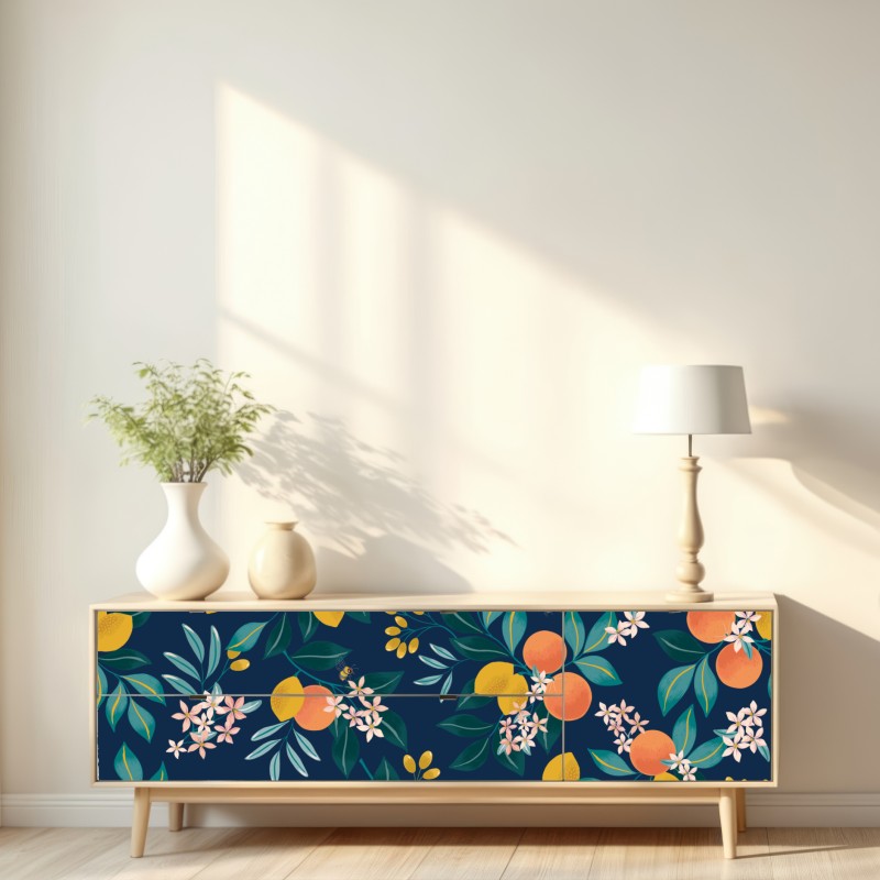 Repositionierbarer Aufkleber botanisches zitronen- und orangenmuster auf marineblauem hintergrund – Wallnifity® Repositionierbarer Aufkleber botanisches zitronen- und orangenmuster auf marineblauem hintergrund – Wallnifity®