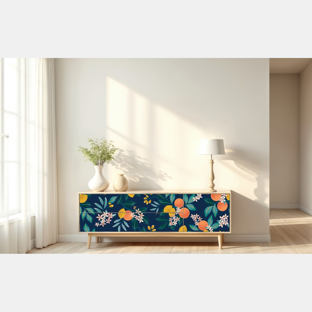 Repositionierbarer Aufkleber botanisches zitronen- und orangenmuster auf marineblauem hintergrund – Wallnifity® Repositionierbarer Aufkleber botanisches zitronen- und orangenmuster auf marineblauem hintergrund – Wallnifity®