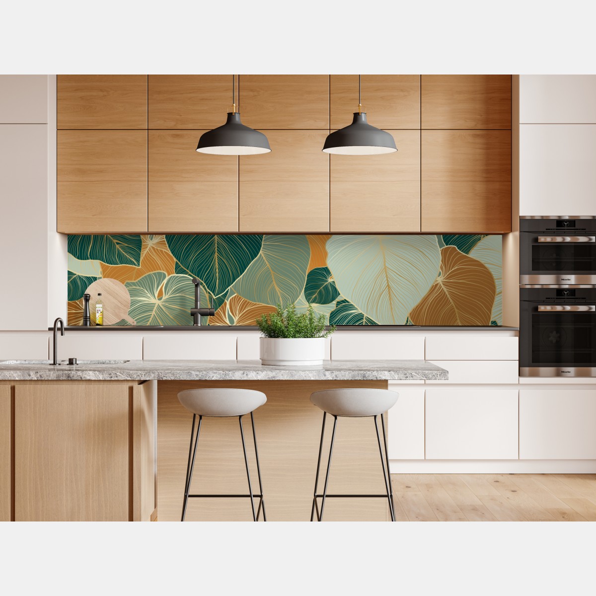 Repositionierbarer Aufkleber türkis-goldenes botanisches blättermuster – Wallnifity® Repositionierbarer Aufkleber türkis-goldenes botanisches blättermuster – Wallnifity®