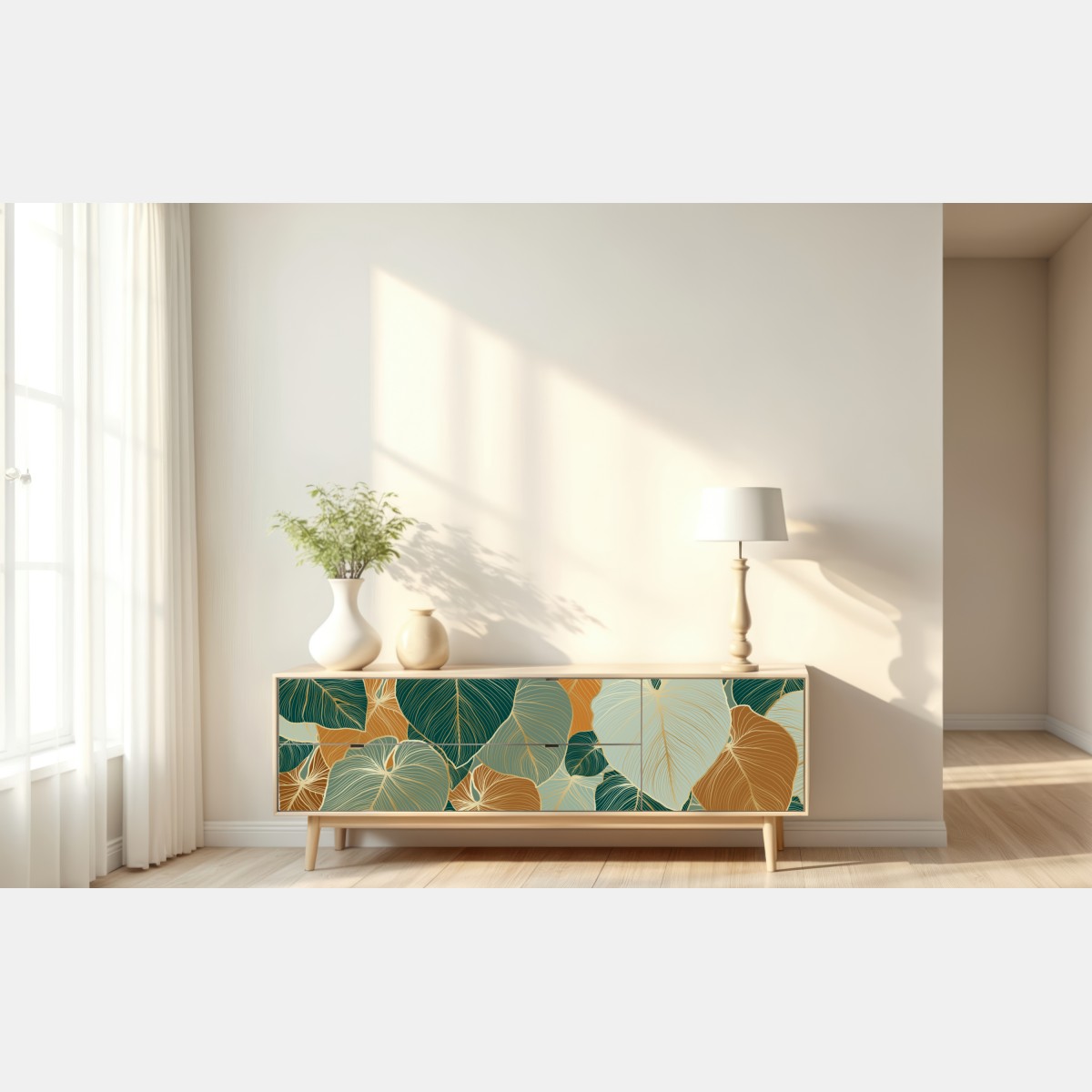 Repositionierbarer Aufkleber türkis-goldenes botanisches blättermuster – Wallnifity® Repositionierbarer Aufkleber türkis-goldenes botanisches blättermuster – Wallnifity®