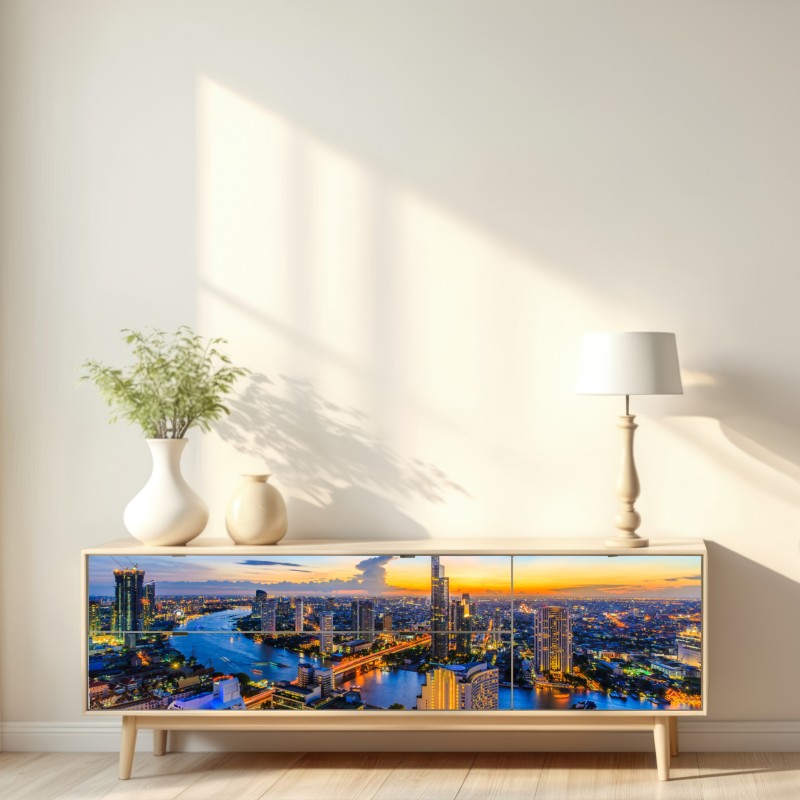 Repositionierbarer Aufkleber lebendige stadtskyline bei dämmerung – Wallnifity® Repositionierbarer Aufkleber lebendige stadtskyline bei dämmerung – Wallnifity®