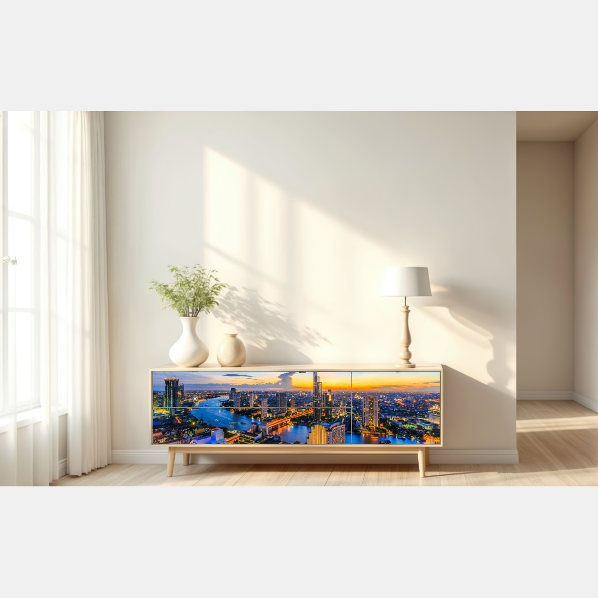 Repositionierbarer Aufkleber lebendige stadtskyline bei dämmerung – Wallnifity® Repositionierbarer Aufkleber lebendige stadtskyline bei dämmerung – Wallnifity®