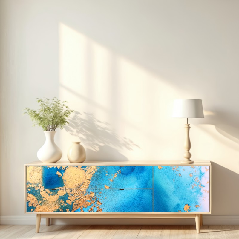 Repositionierbarer Aufkleber blau-gold abstrakte ozeantextur – Wallnifity® Repositionierbarer Aufkleber blau-gold abstrakte ozeantextur – Wallnifity®