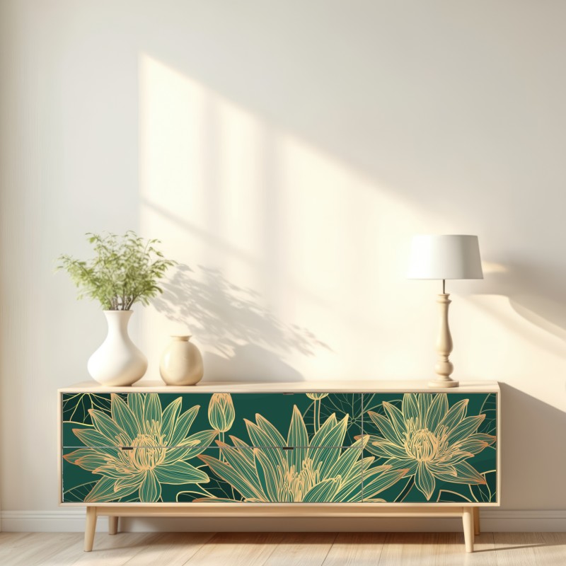 Repositionierbarer Aufkleber goldene lotosblüten auf grünem hintergrund – Wallnifity® Repositionierbarer Aufkleber goldene lotosblüten auf grünem hintergrund – Wallnifity®