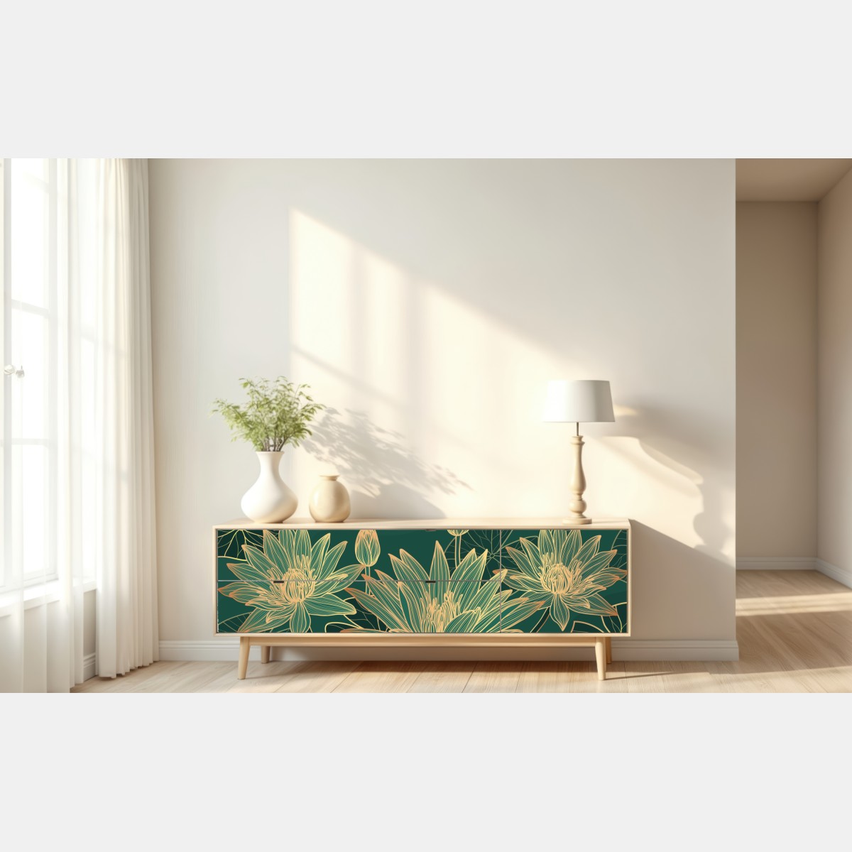 Repositionierbarer Aufkleber goldene lotosblüten auf grünem hintergrund – Wallnifity® Repositionierbarer Aufkleber goldene lotosblüten auf grünem hintergrund – Wallnifity®