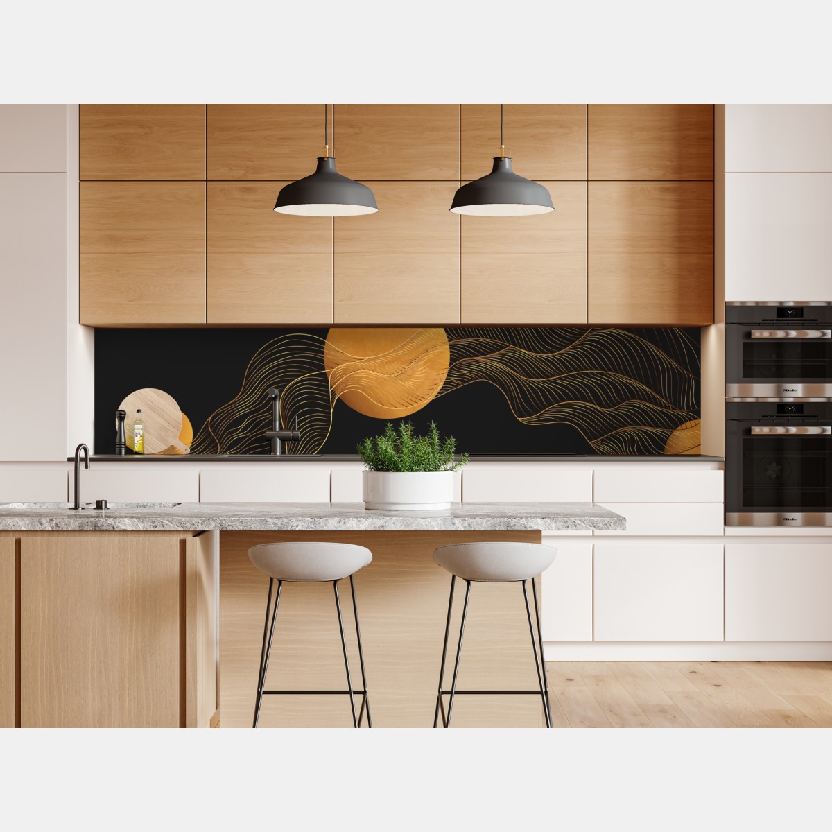 Repositionierbarer Aufkleber goldene wellen auf schwarzem grund — abstrakte komposition – Wallnifity® Repositionierbarer Aufkleber goldene wellen auf schwarzem grund — abstrakte komposition – Wallnifity®