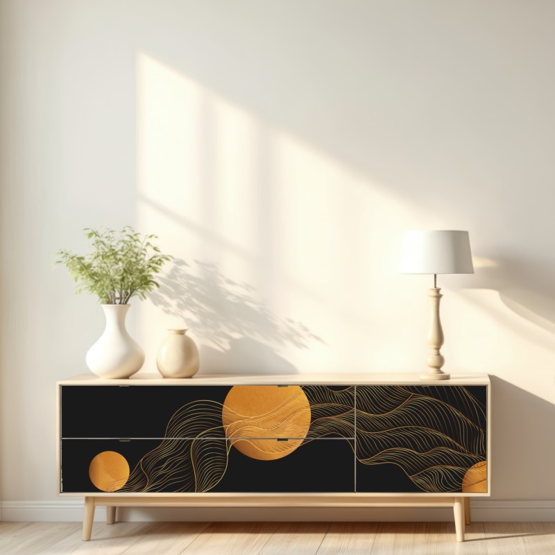 Repositionierbarer Aufkleber goldene wellen auf schwarzem grund — abstrakte komposition – Wallnifity® Repositionierbarer Aufkleber goldene wellen auf schwarzem grund — abstrakte komposition – Wallnifity®