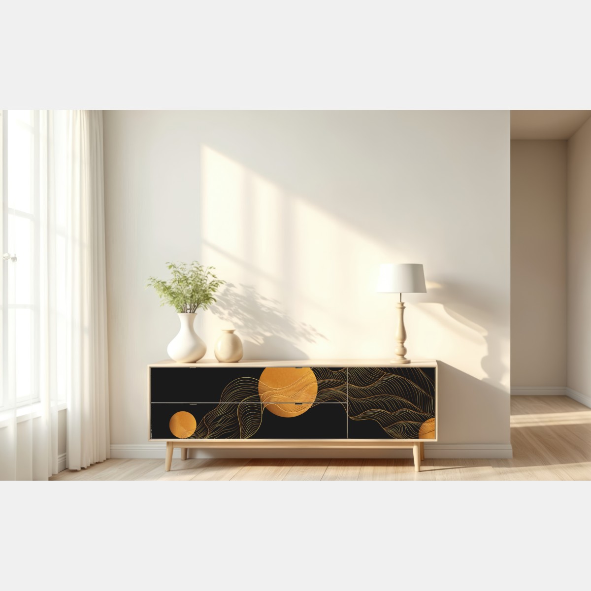 Repositionierbarer Aufkleber goldene wellen auf schwarzem grund — abstrakte komposition – Wallnifity® Repositionierbarer Aufkleber goldene wellen auf schwarzem grund — abstrakte komposition – Wallnifity®