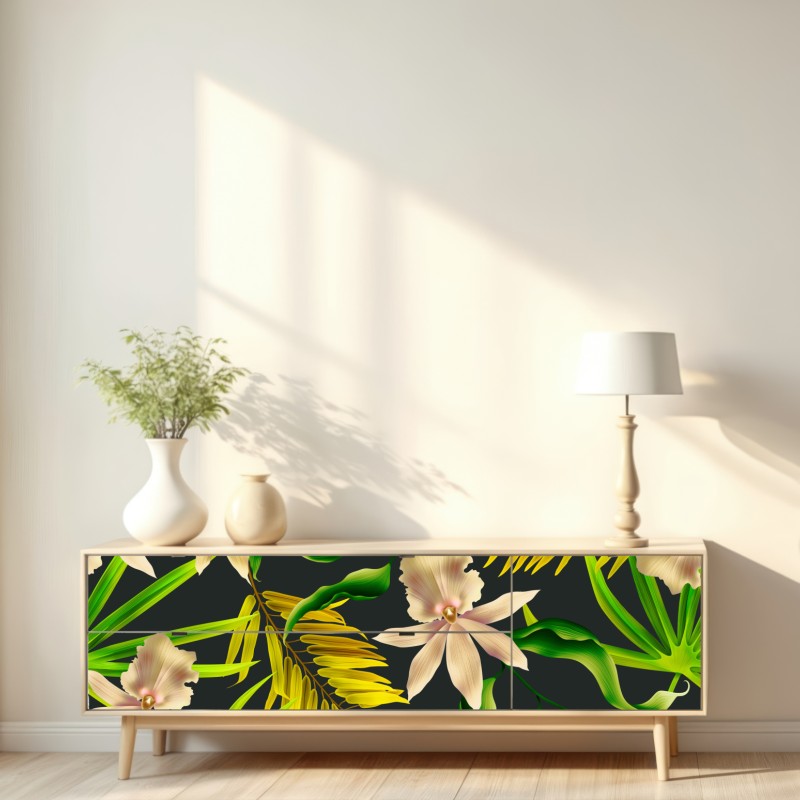 Repositionierbarer Aufkleber tropisches orchideenmuster auf dunklem hintergrund – Wallnifity® Repositionierbarer Aufkleber tropisches orchideenmuster auf dunklem hintergrund – Wallnifity®