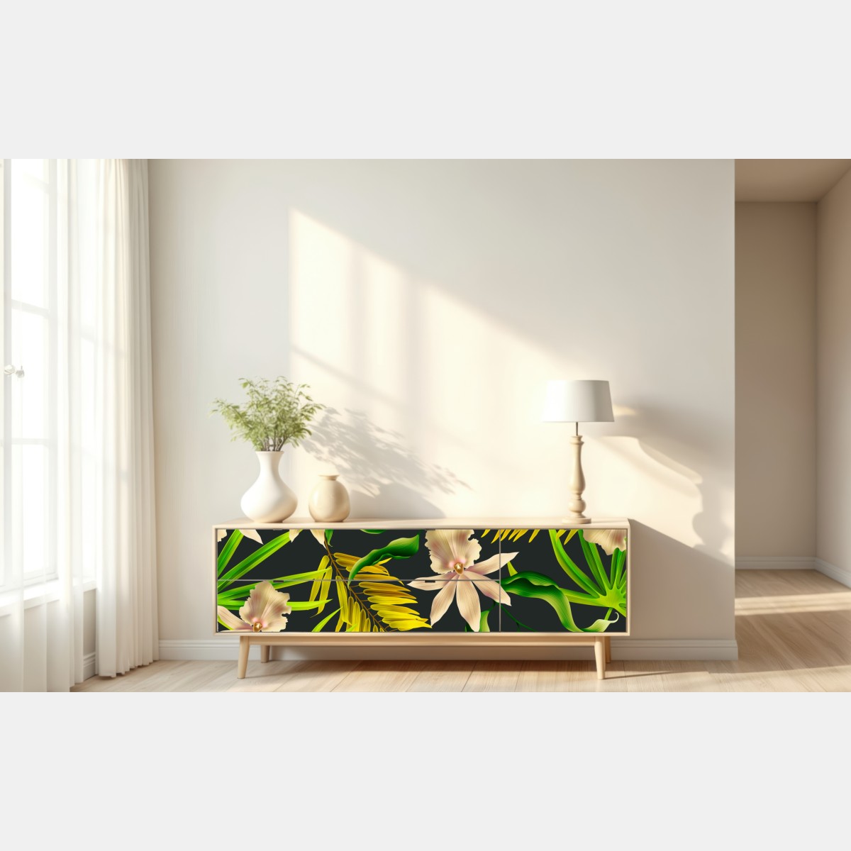 Repositionierbarer Aufkleber tropisches orchideenmuster auf dunklem hintergrund – Wallnifity® Repositionierbarer Aufkleber tropisches orchideenmuster auf dunklem hintergrund – Wallnifity®