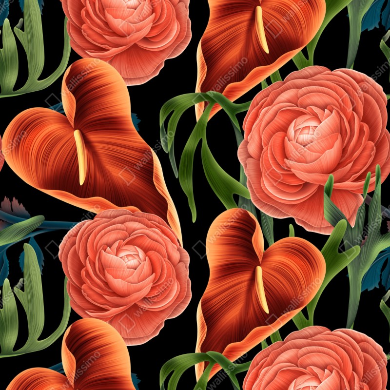 Repositionierbarer Aufkleber lebhaftes korallenblumenmuster auf schwarzem hintergrund – Wallnifity® Repositionierbarer Aufkleber lebhaftes korallenblumenmuster auf schwarzem hintergrund – Wallnifity®