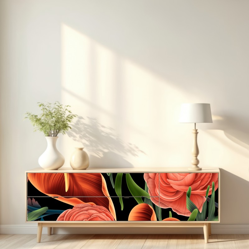 Repositionierbarer Aufkleber lebhaftes korallenblumenmuster auf schwarzem hintergrund – Wallnifity® Repositionierbarer Aufkleber lebhaftes korallenblumenmuster auf schwarzem hintergrund – Wallnifity®