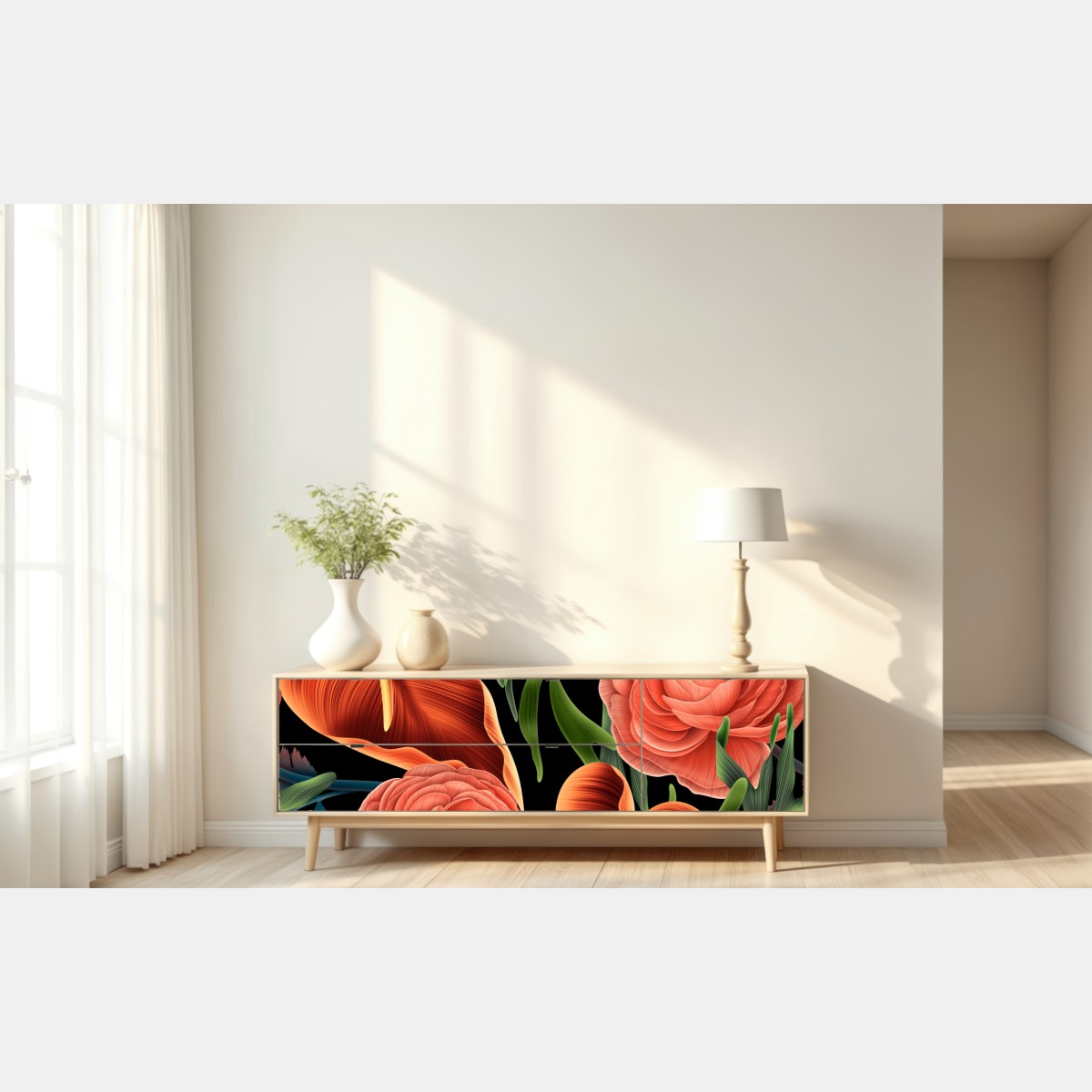 Repositionierbarer Aufkleber lebhaftes korallenblumenmuster auf schwarzem hintergrund – Wallnifity® Repositionierbarer Aufkleber lebhaftes korallenblumenmuster auf schwarzem hintergrund – Wallnifity®