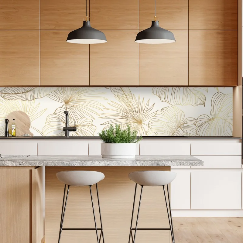 Repositionierbarer Aufkleber goldene tropische blätter auf beigem hintergrund – Wallnifity® Repositionierbarer Aufkleber goldene tropische blätter auf beigem hintergrund – Wallnifity®