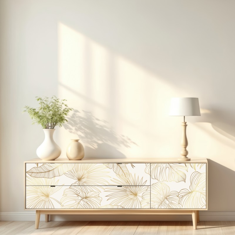 Repositionierbarer Aufkleber goldene tropische blätter auf beigem hintergrund – Wallnifity® Repositionierbarer Aufkleber goldene tropische blätter auf beigem hintergrund – Wallnifity®