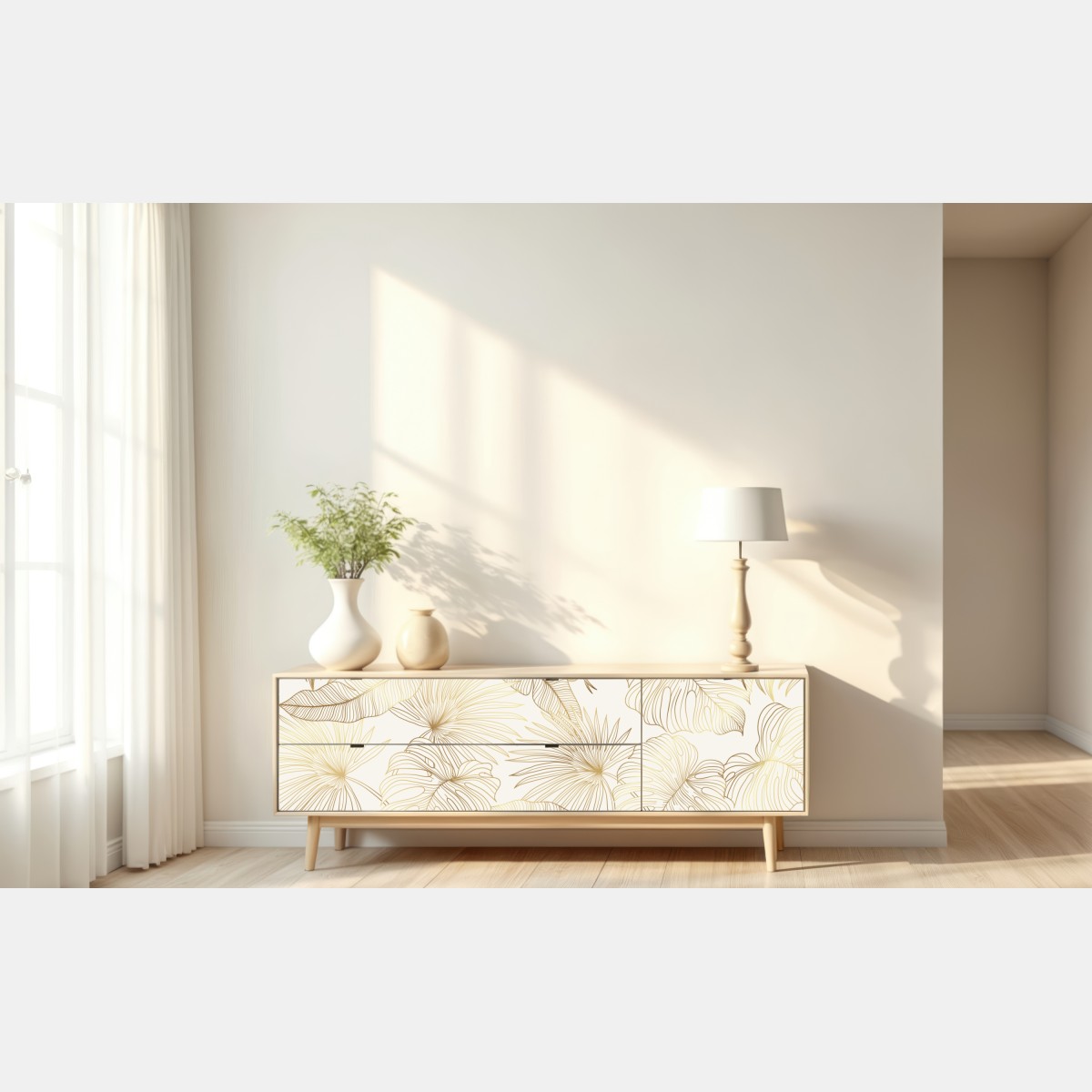 Repositionierbarer Aufkleber goldene tropische blätter auf beigem hintergrund – Wallnifity® Repositionierbarer Aufkleber goldene tropische blätter auf beigem hintergrund – Wallnifity®