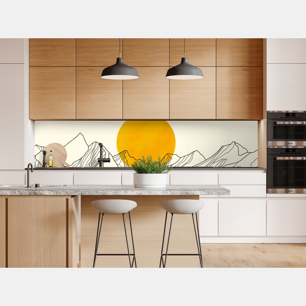 Repositionierbarer Aufkleber goldene sonne über minimalistischen bergen – Wallnifity® Repositionierbarer Aufkleber goldene sonne über minimalistischen bergen – Wallnifity®