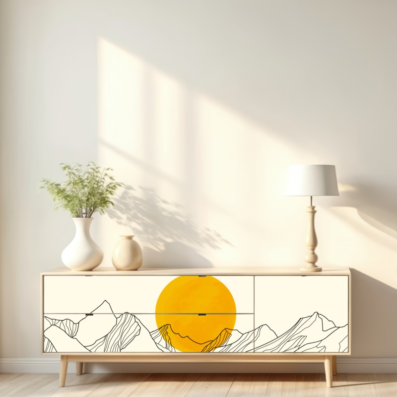 Repositionierbarer Aufkleber goldene sonne über minimalistischen bergen – Wallnifity® Repositionierbarer Aufkleber goldene sonne über minimalistischen bergen – Wallnifity®