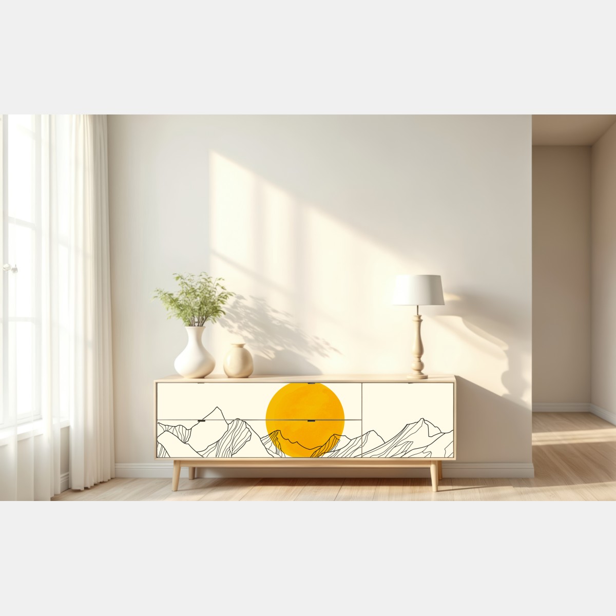 Repositionierbarer Aufkleber goldene sonne über minimalistischen bergen – Wallnifity® Repositionierbarer Aufkleber goldene sonne über minimalistischen bergen – Wallnifity®