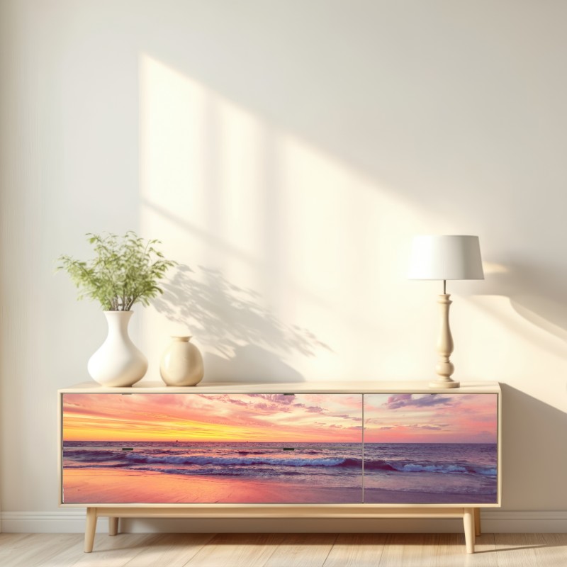 Repositionierbarer Aufkleber pastelliger sonnenuntergang über ruhigem meer – Wallnifity® Repositionierbarer Aufkleber pastelliger sonnenuntergang über ruhigem meer – Wallnifity®