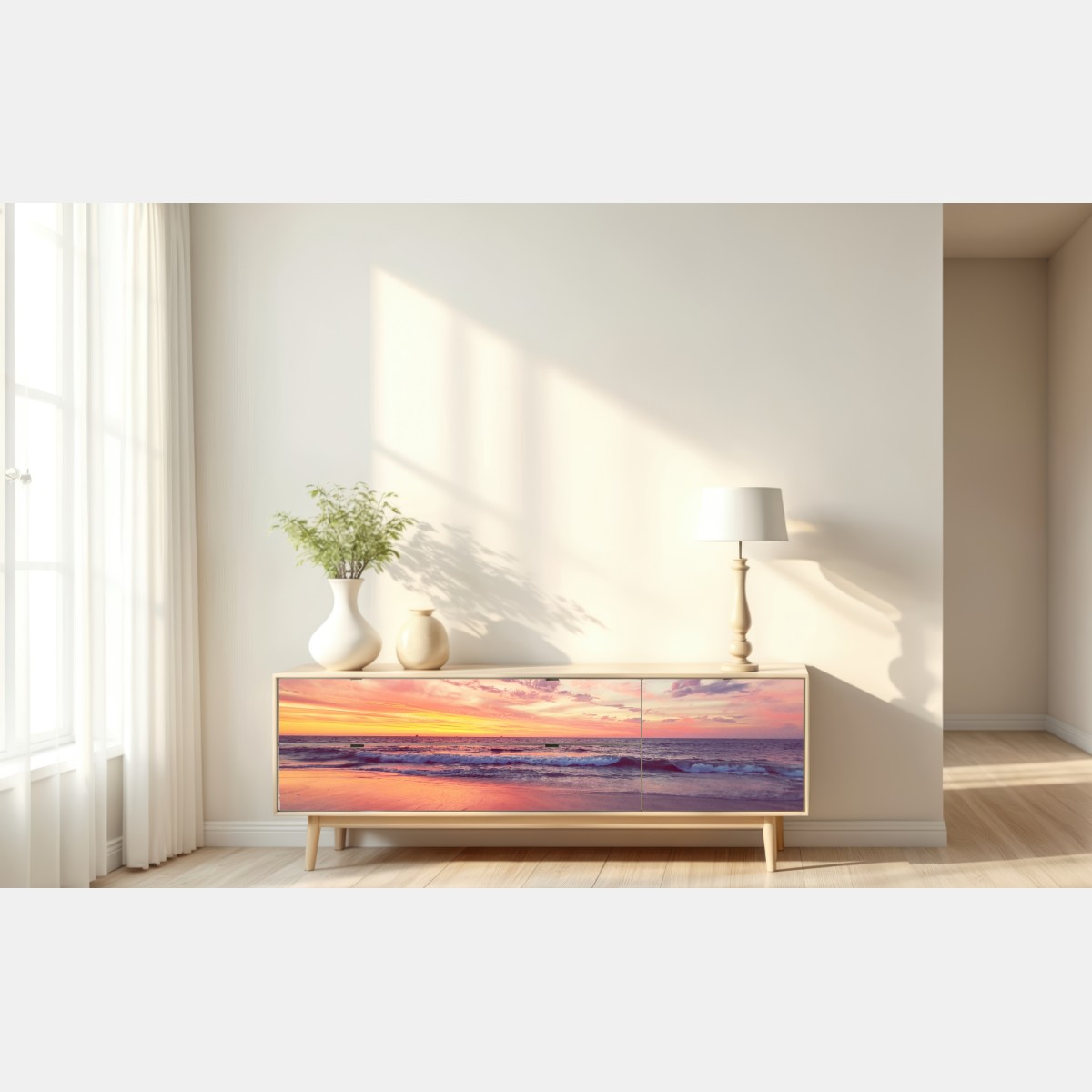 Repositionierbarer Aufkleber pastelliger sonnenuntergang über ruhigem meer – Wallnifity® Repositionierbarer Aufkleber pastelliger sonnenuntergang über ruhigem meer – Wallnifity®