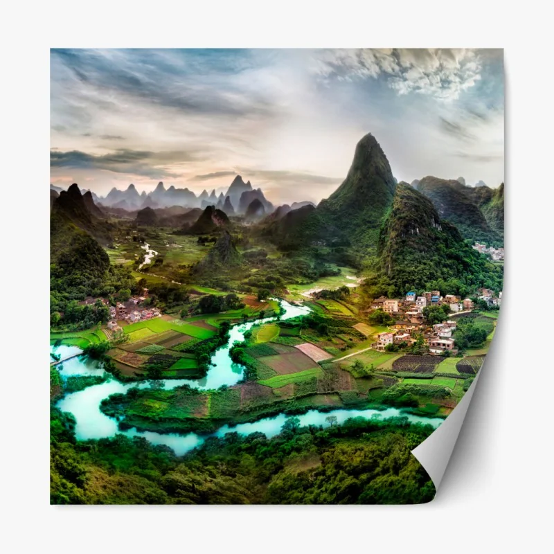 Repositionierbarer Aufkleber smaragdfluss zwischen karsthügeln panorama – Wallnifity® Repositionierbarer Aufkleber smaragdfluss zwischen karsthügeln panorama – Wallnifity®