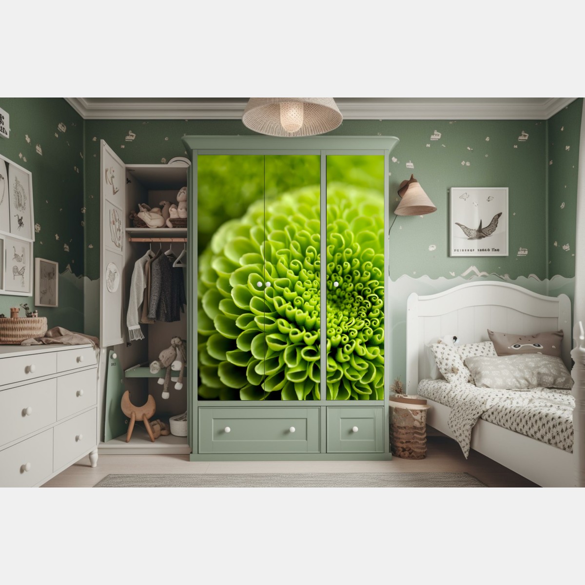 Schrankaufkleber leuchtende grüne blumenspirale im makro – Wallnifity® Schrankaufkleber leuchtende grüne blumenspirale im makro – Wallnifity®