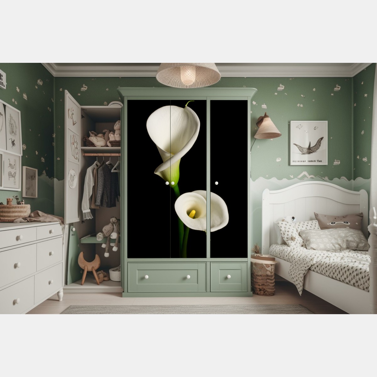 Schrankaufkleber weiße calla vor schwarzem hintergrund – Wallnifity®